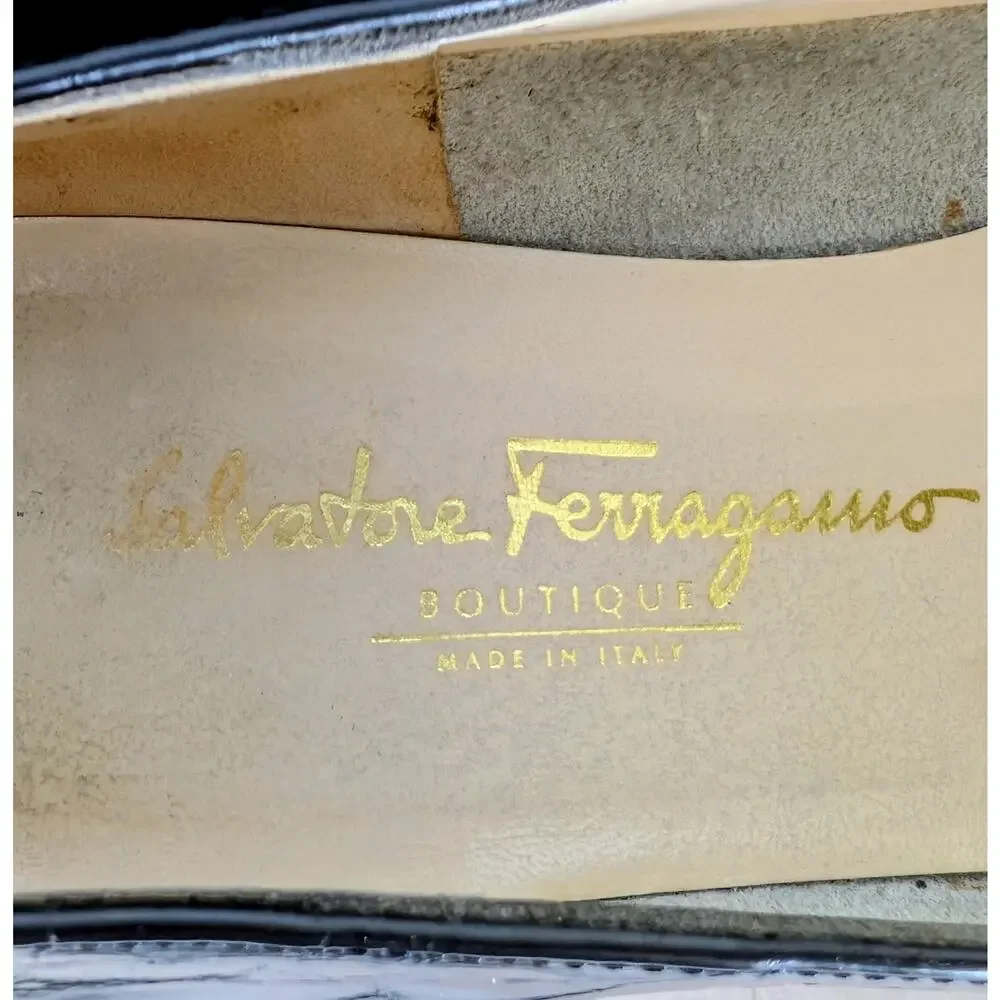 Salvatore Ferragamo Black‎ Croc Embossed Leather Wedge Pumps Size 8B